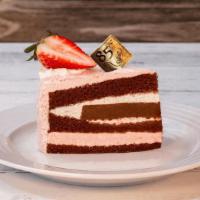 Strawberry Chocolate Mousse | Slice · Three layers of chocolate chiffon cake, one layer of chocolate ganache, and one layer of str...