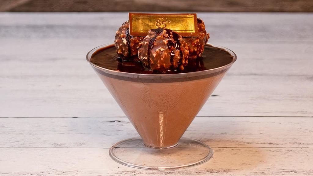 Royal Chocolate Cup · Chocolate mousse cup with red cherries and chocolate chiffon cake inside, decorated with Ferrero Rocher.