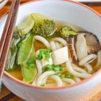 Vegetable Udon Soup · Japanese-style soup, prepared with Udon (thick flour noodles), fresh vegetables, house seaso...