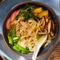 Nabeyaki (Combo) Soba Soup · Japanese-style soup, prepared with Soba (buckwheat noodles), Tempura Mix, Chicken, Gyoza, gr...