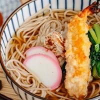 Tempura Mix Soba Soup · Japanese-style soup, prepared with Soba (buckwheat noodles), Breaded deep-fried seafood and ...