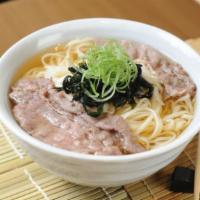 Niku (Beef) Soba Soup · Japanese-style soup, prepared with Soba (buckwheat noodles), Beef, green onions, seaweed, se...
