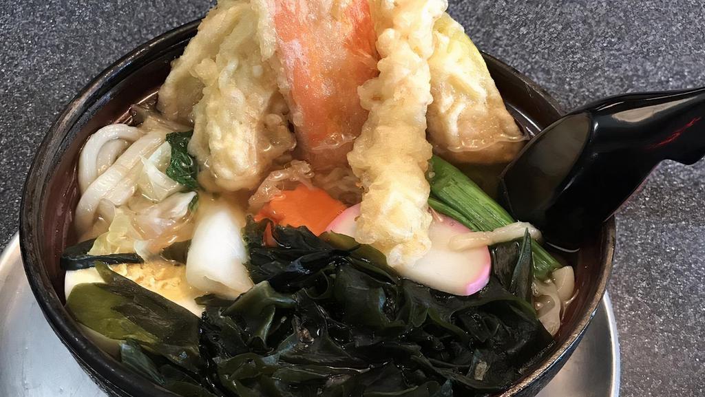 Nabeyaki Udon · Your choice of shoyu flavor or miso flavor with shrimp and veggie tempura.