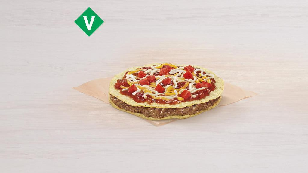Veggie Mexican Pizza · Refried beans between two Mexican Pizza shells with Mexican Pizza sauce, three-cheese blend, and tomatoes on top.