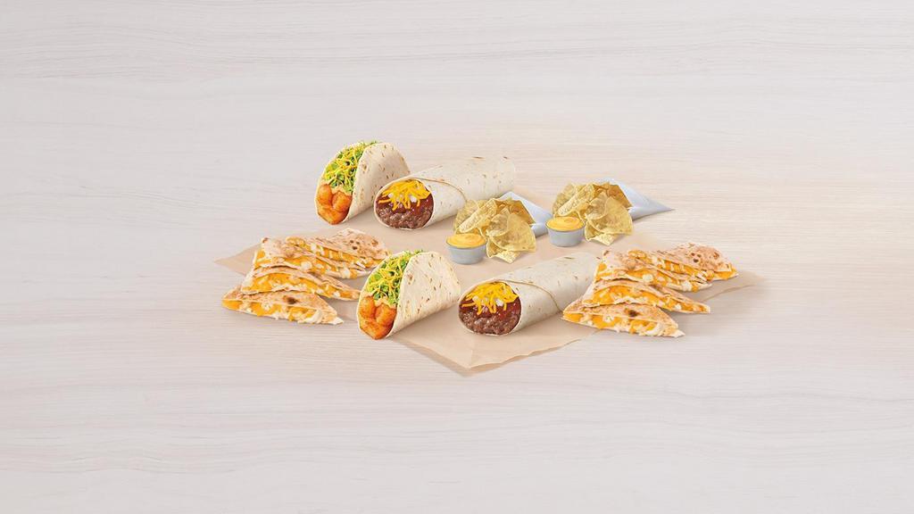Veggie Meal For 2 · Includes two Cheese Quesadillas, two Bean Burritos, two Spicy Potato Soft Tacos, and two orders of chips and nacho cheese sauce. Set max quantities to add item to cart.
