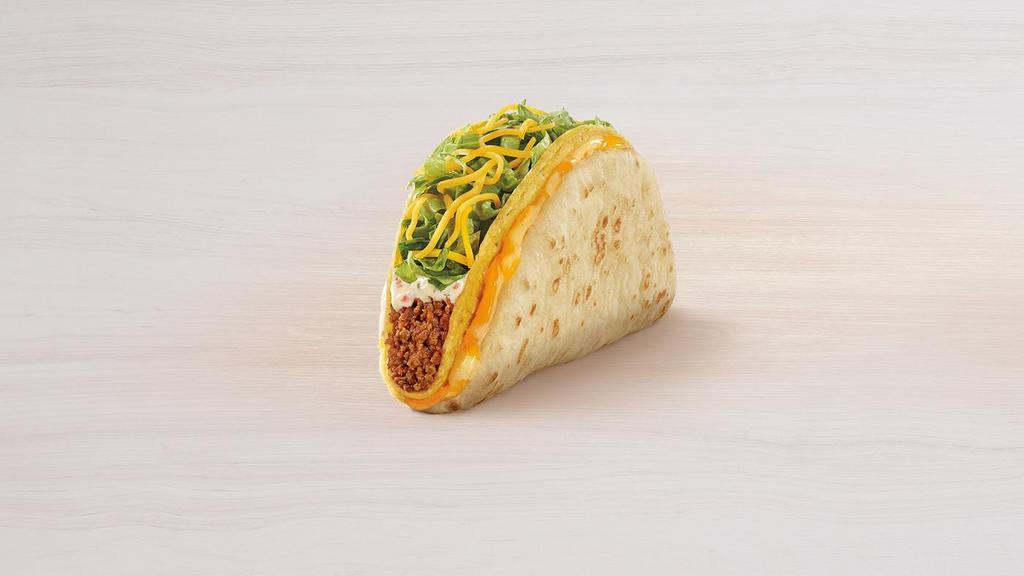 Cheesy Gordita Crunch · A warm flatbread layered with three-cheese blend and wrapped around a crunchy taco filled with seasoned beef, spicy ranch sauce, crispy lettuce and shredded cheddar cheese.