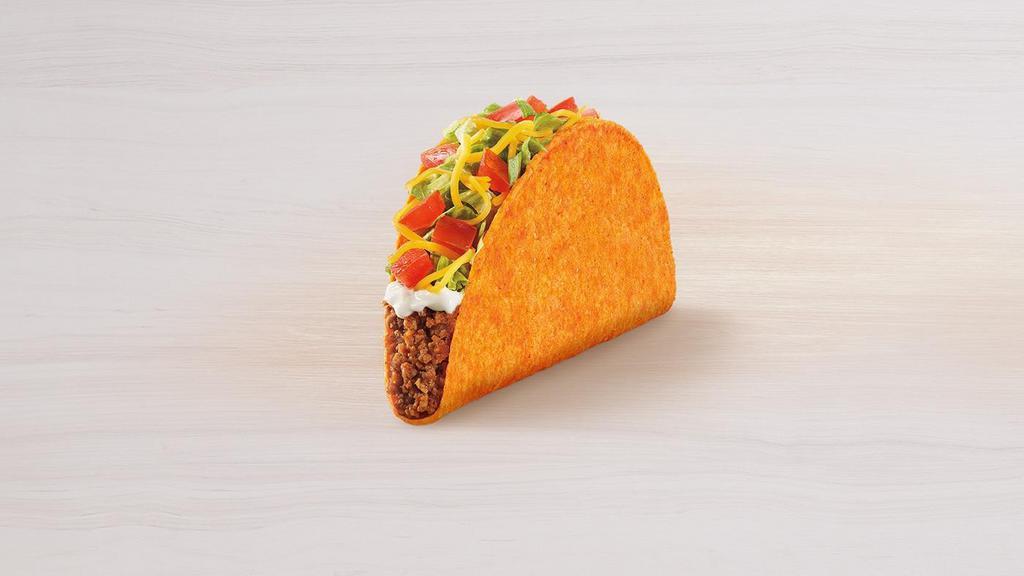 Nacho Cheese Doritos® Locos Tacos Supreme® · A crunchy taco shell made from Nacho Cheese Doritos® is filled with seasoned beef, cool sour cream, crispy lettuce, shredded cheddar cheese and ripe tomatoes.