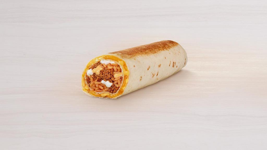 Quesarito · A melty cheese quesadilla, with shredded cheddar cheese and warm nacho cheese sauce is opened and wrapped around a burrito filled with seasoned beef, seasoned rice, cool sour cream and creamy chipotle sauce.