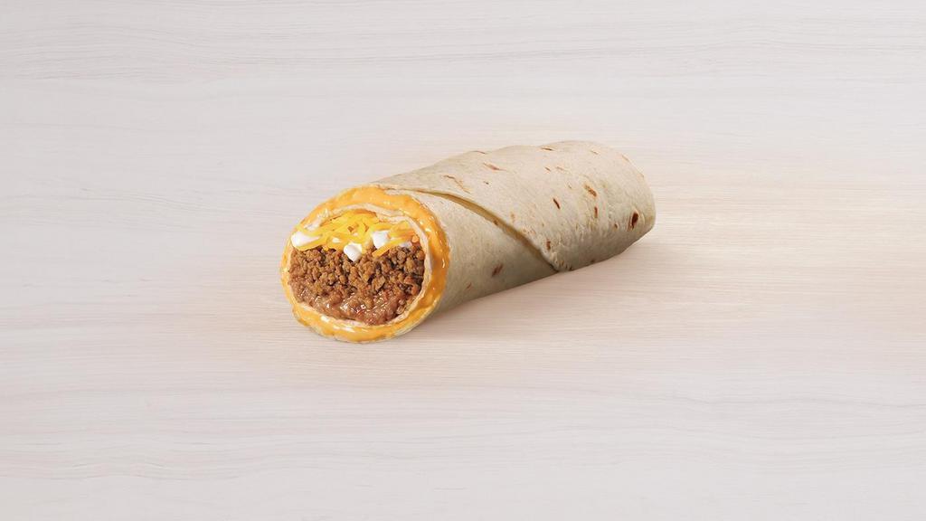 Beefy 5-Layer Burrito · A warm tortilla is covered in a layer of warm nacho cheese and topped with seasoned beef, refried beans, cool sour cream and shredded cheddar cheese. Then it's wrapped creating a layer of nacho cheese all around the outside of the burrito.