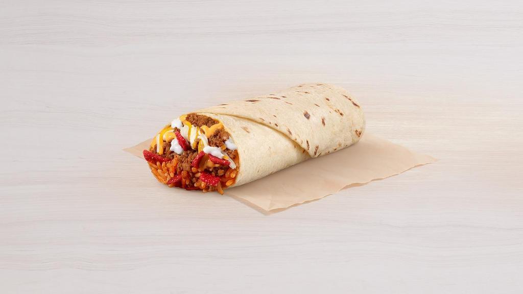 Beefy Melt Burrito · Seasoned Rice, Seasoned Beef, Nacho Cheese Sauce, Fiesta Strips, Three Cheese Blend, Reduced Fat Sour Cream wrapped in a warm tortilla.