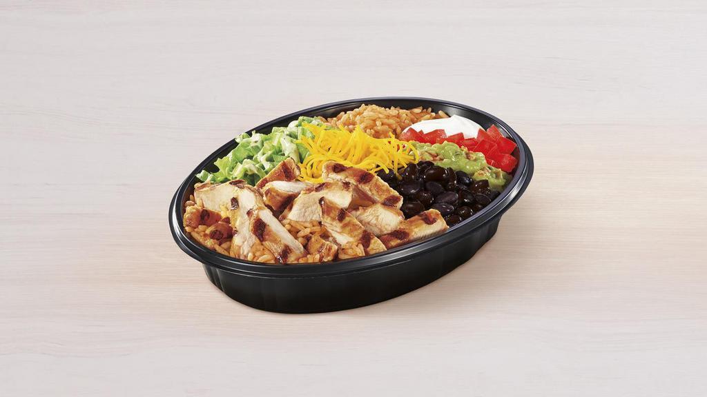 Power Menu Bowl · Seasoned rice and black beans topped with grilled chicken, avocado ranch sauce, reduced-fat sour cream, lettuce, tomatoes, real cheddar cheese and guacamole.