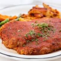 Chicken Parmigiana · Breaded chicken, cheese and marinara
Includes seasonal vegetables & pasta