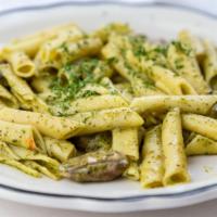 Pesto Pasta · Seasonal vegetables and pesto sauce.