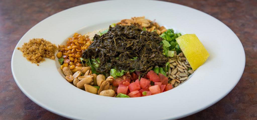 7) Myanmar Tea Leaf Salad · Spicy. With romaine lettuce, fried yellow beans, fried garlic, sesame seeds, fresh tomatoes, jalapeños,  burmese tea leaves, peanuts, and sunflower seeds.