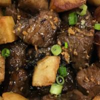 Beef Salpicao · Tender cubes of beef & fried garlic w/ savory Worcestershire-soy sauce.