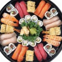 Emperor Platter · 1 Shrimp Crunchy roll, 1 California roll, 1 Spicy Tuna roll, 4 pcs Tuna nigiri, , 4 pcs Salm...