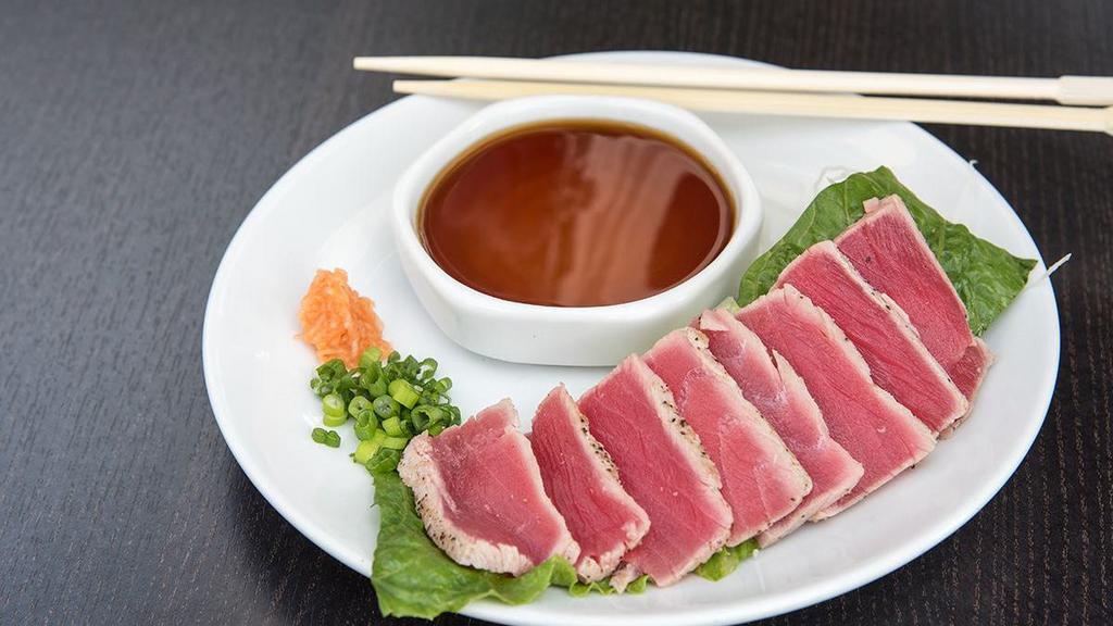 Tuna Tataki · Seared sashimi grade tuna served with Gluten-Free Soy Sauce.