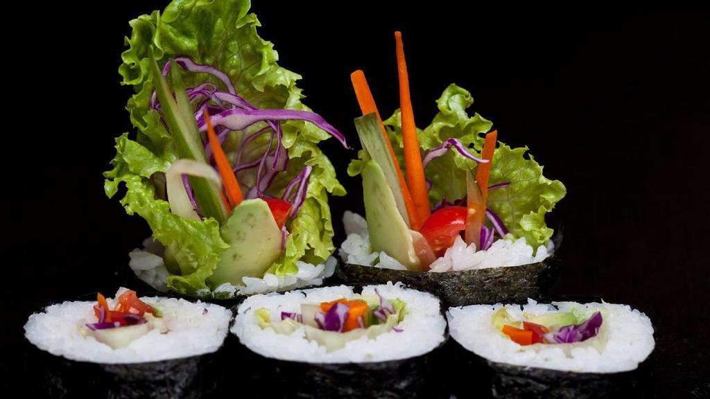 Vegetable Roll · Green leaf, avocado, cucumber, tomato,. red cabbage, pickled carrot.