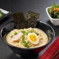 Ramen Tonkotsu · Soy pork broth (tonkotsu soy), ramen noodles, half of a soft boiled egg, naruto, green onion...
