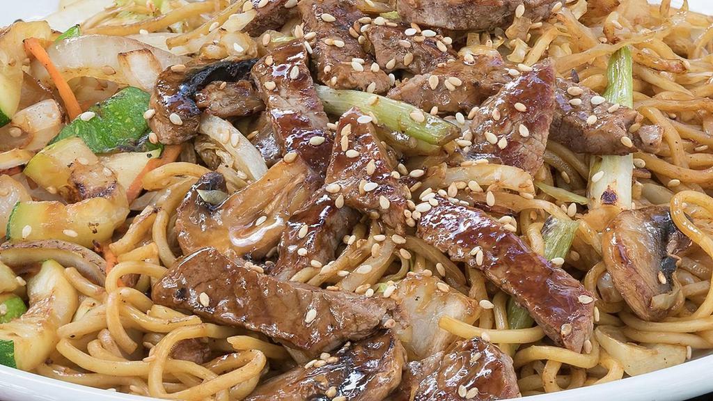 Steak Yakisoba · Japanese sautéed noodles with steak and mixed vegetables in a special sauce and sprinkled with sesame seeds.. 5 course meals served with. •BENIHANA ONION SOUP•BENIHANA SALAD . •HIBACHI SHRIMP APPETIZER •HIBACHI VEGETABLES •HOMEMADE DIPPING SAUCES •STEAMED RICE•JAPANESE HOT GREEN TEA