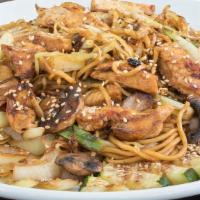 Shrimp Yakisoba · Japanese sautéed noodles with shrimp and mixed vegetables in a special sauce and sprinkled w...