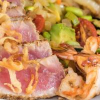 Hibachi Tuna Steak · Sesame crusted tuna steak* with tomato, avocado and edamame in a white balsamic sauce. Serve...