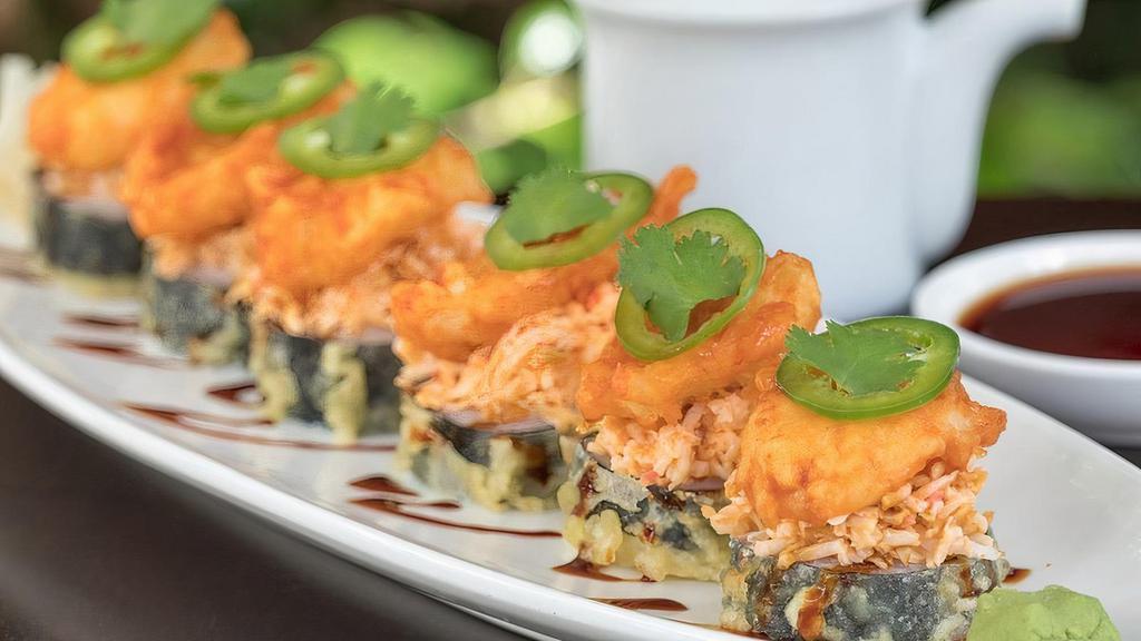 Chili Shrimp Roll · Krab†, cream cheese and seaweed tempura in a spicy chili sauce, topped with spicy krab† and shrimp..
