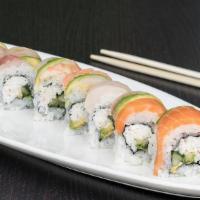 Rainbow Roll · Tuna*, shrimp, yellowtail*, snapper*, salmon*, Krab†, avocado, cucumber.