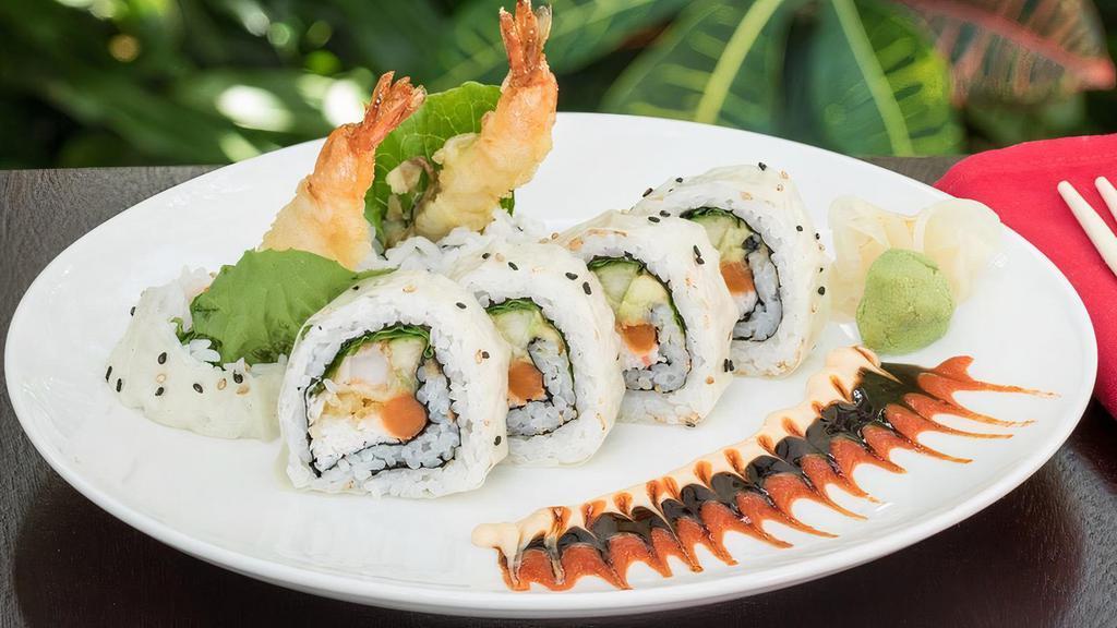 Shrimp Tempura Roll · Tempura fried shrimp, krab†, pickled carrot, lettuce, avocado and cucumber wrapped in seaweed and rice.