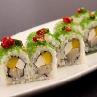 **New** Katana Roll · Yellowtail, mango, cream cheese, wasabi tobiko, and chili pepper.