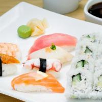 Sushi* · California† Roll served with a piece of tuna, salmon, snapper, eel, shrimp and octopus nigiri.
