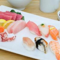 Sushi/Sashimi* With Rice · Three slices of tuna, two slices of each: salmon, octopus, yellowtail served with a piece of...