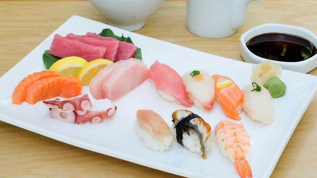 Sushi/Sashimi* With Rice · Three slices of tuna, two slices of each: salmon, octopus, yellowtail served with a piece of tuna, salmon, snapper, albacore tuna, eel, yellowtail and shrimp nigiri.