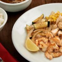 Kids Combination Chicken & Shrimp · Chicken breast and Hibachi shrimp grilled with mushrooms, sesame seeds and lemon.