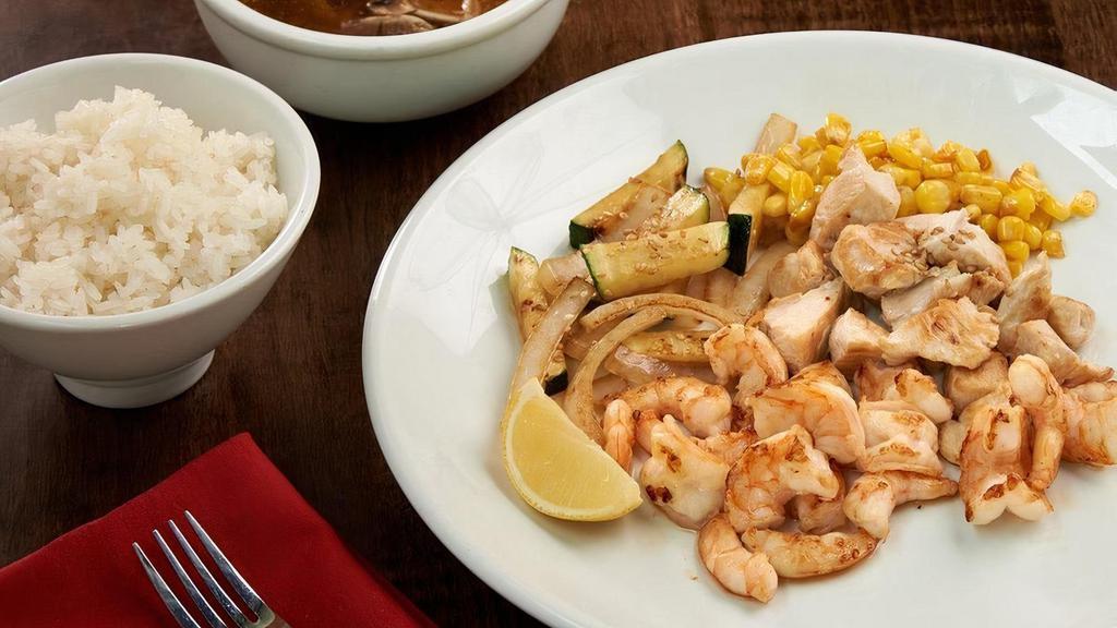Kids Combination Chicken & Shrimp · Chicken breast and Hibachi shrimp grilled with mushrooms, sesame seeds and lemon.