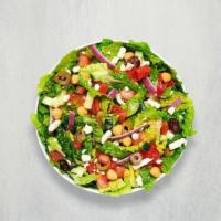 Greek Salad · Romaine, feta, red onions, black olives, Mama Lil's Sweet Hot Peppas, tomatoes, chickpeas, c...