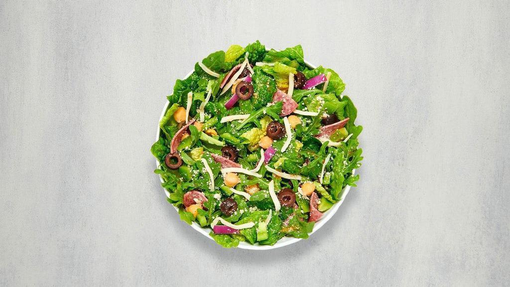 Italian Chop Salad · Romaine, arugula, mozzarella, parmesan, salami, red onions, black olives, chickpeas, green bell peppers, zesty roma dressing