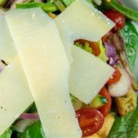 Mixed Greens Salad · Baby greens, parmesan, croutons, cucumber, carrots, grape tomatoes, red onion & your choice ...