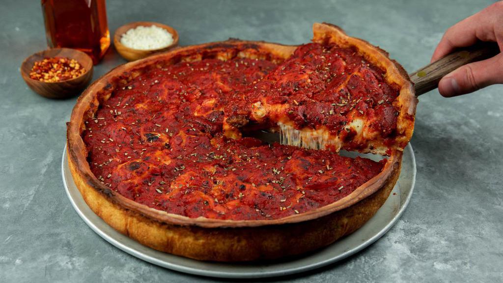 Matt Cain Pizza · Pepperoni and all natural garlic fennel sausage. Deep dish pizza topped with a thin layer of extra dough and homemade tomato sauce.