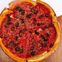 Favorite Pizza · Pepperoni, fresh mushrooms, and black olives. Deep dish pizza topped with a thin layer of ex...