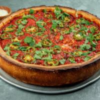 BBQ Chicken Pizza · BBQ chicken breast, smoked bacon, and fresh jalapenos. Deep dish pizza topped with a thin la...