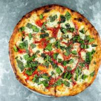 Margherita Pizza · Fresh mozzarella, homemade tomato sauce, and fresh basil.  Light and crispy, Italian thin cr...