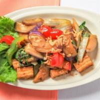Eggplant · Stir fried eggplant with bell peppers, yellow onions and Thai basil.