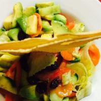 House Salad · Vegan, gluten free. Hass avocado, apple, cucumber, vine tomato and lettuce with blue vinaigr...
