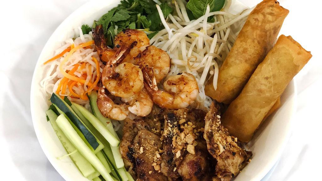 Bun Tom Thit Nuong Cha Gio · Grilled Shrimp, Pork & Eggroll with Vermicelli & Salad