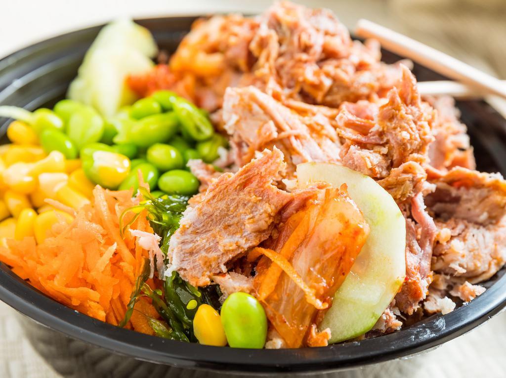 Smoked Pork · Half sized bowl with smoked pork and mixed veggies (cucumbers carrots sweet corn seaweed salad umami and kimchee).