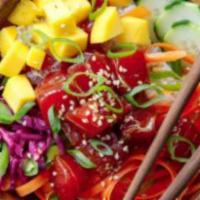 Mango Yuzu Bowl · Your choice of protein with scallions, kani salad, mango, sesame seeds, crispy onions, and y...