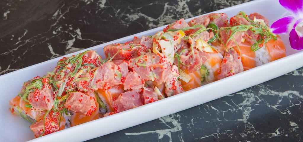 Yummy Yummy Roll (10 Pcs) · Ikura, white tuna, avocado, top salmon, seaweed salad, lemon, jalapeno, tobiko, tuna, tobiko, sauce.