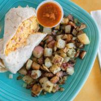 Classic Breakfast Burrito · Bacon or pork links together with eggs, cheddar cheese, and sales fresca all wrapped togethe...