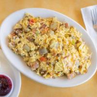 Rockridge Breakfast · Home fries, two eggs, cheese, green & red peppers, and onion  scrambled together w/ choice o...